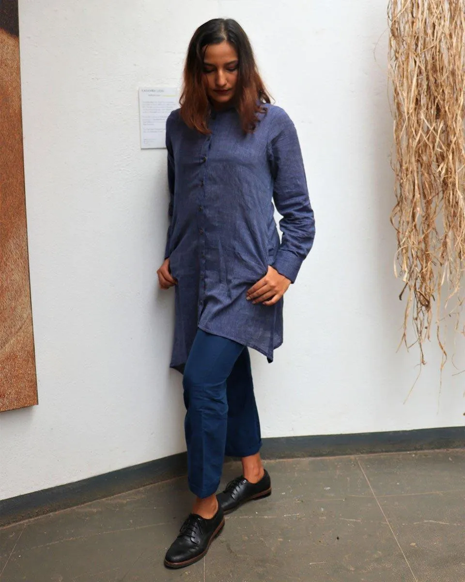 Indigo Handwoven Cotton Asymmetric Kurta-Mog