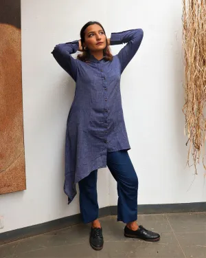 Indigo Handwoven Cotton Asymmetric Kurta-Mog