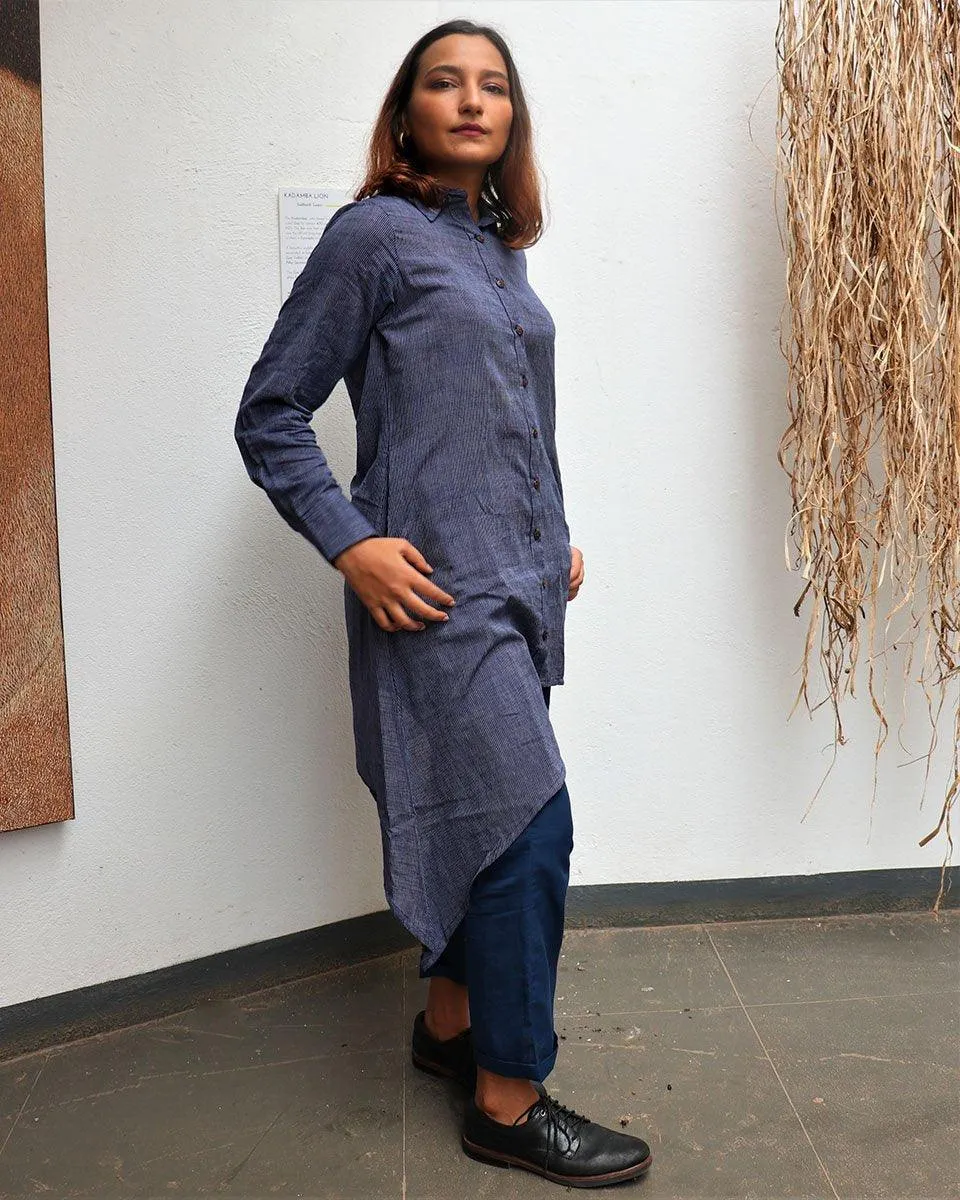Indigo Handwoven Cotton Asymmetric Kurta-Mog