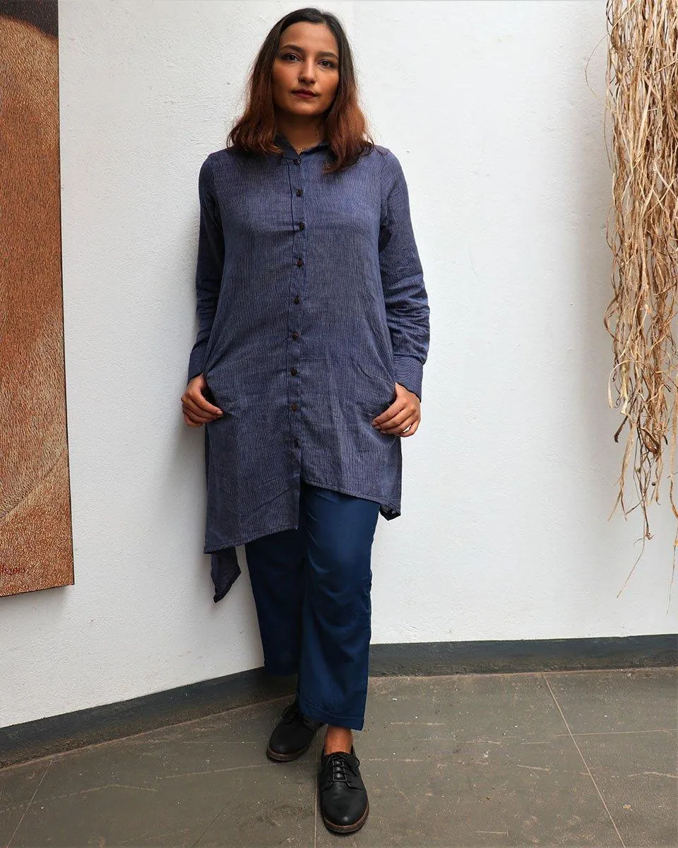 Indigo Handwoven Cotton Asymmetric Kurta-Mog