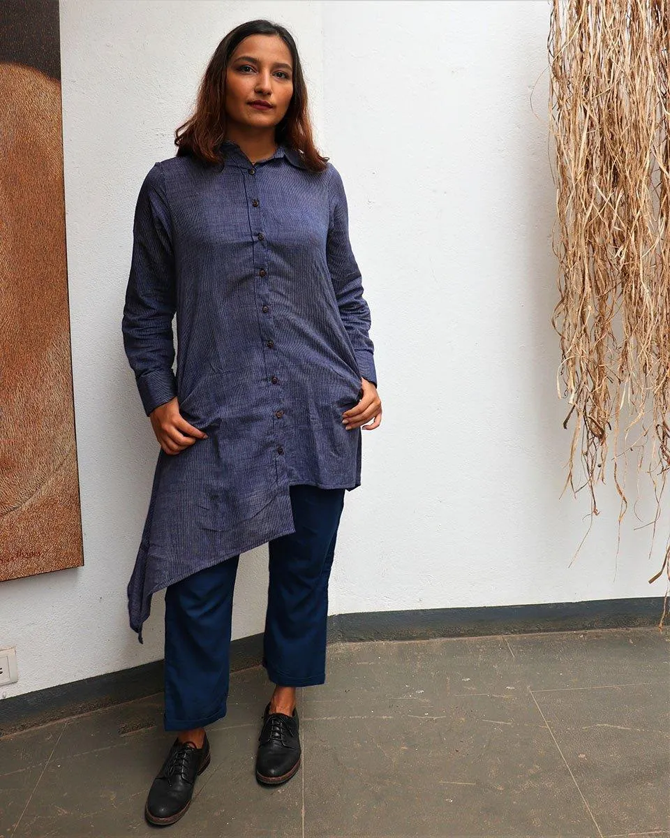 Indigo Handwoven Cotton Asymmetric Kurta-Mog