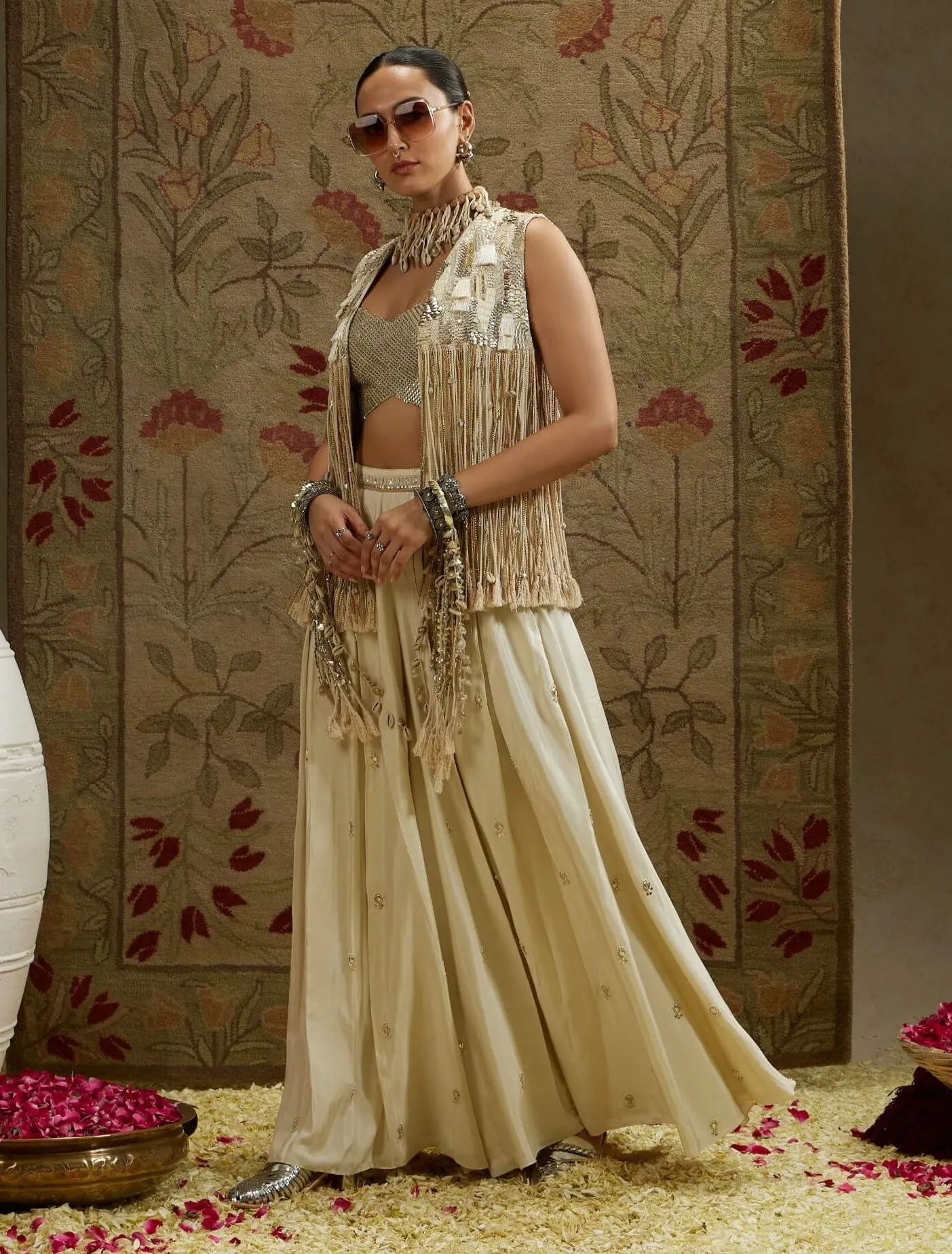 Ivory magnolia cream fringe jacket and flared pant set