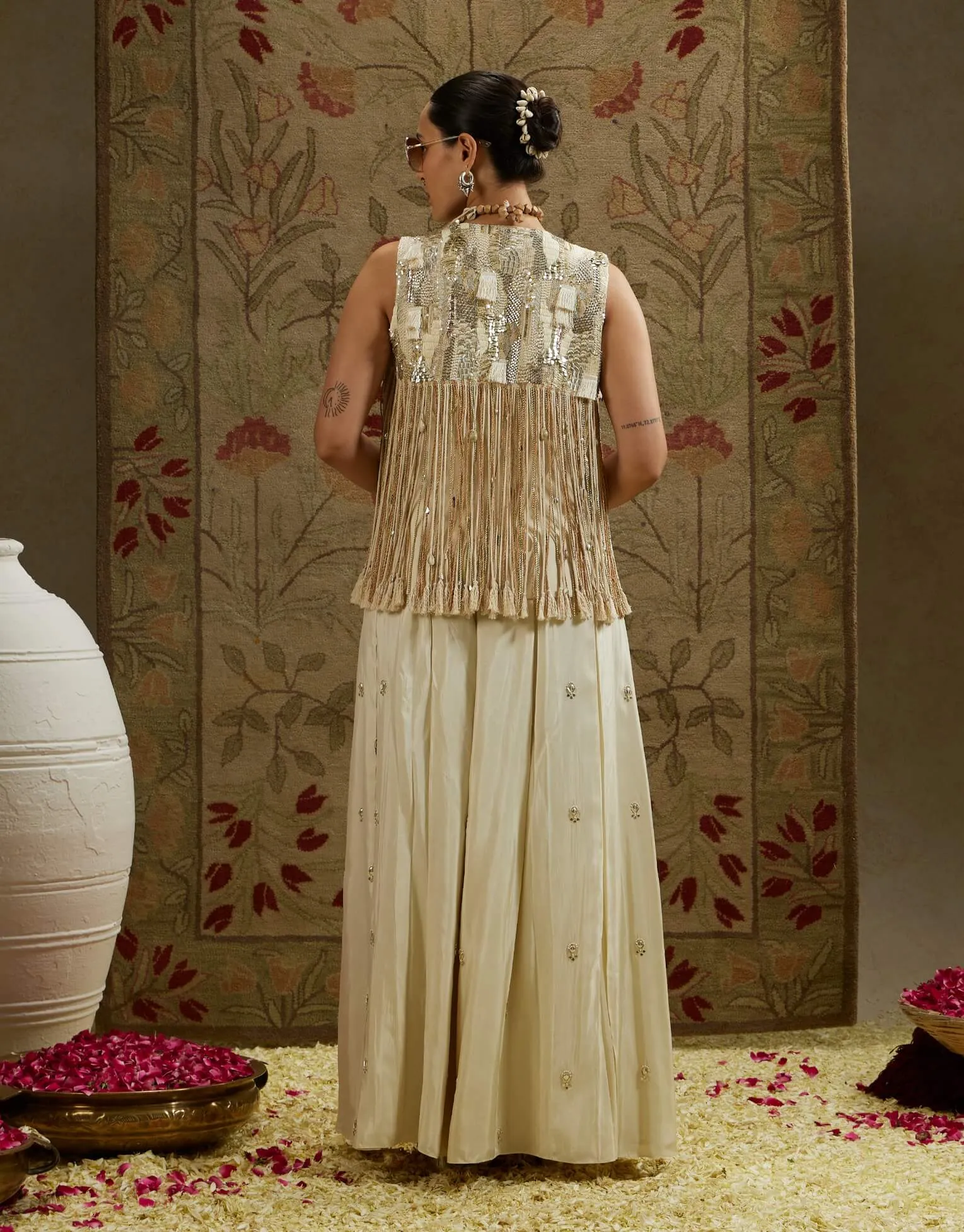 Ivory magnolia cream fringe jacket and flared pant set