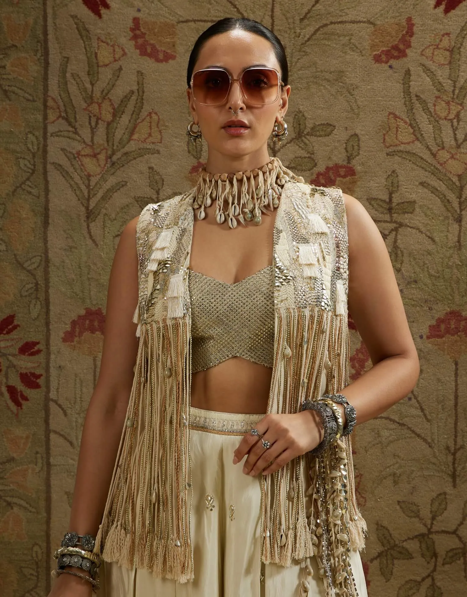Ivory magnolia cream fringe jacket and flared pant set