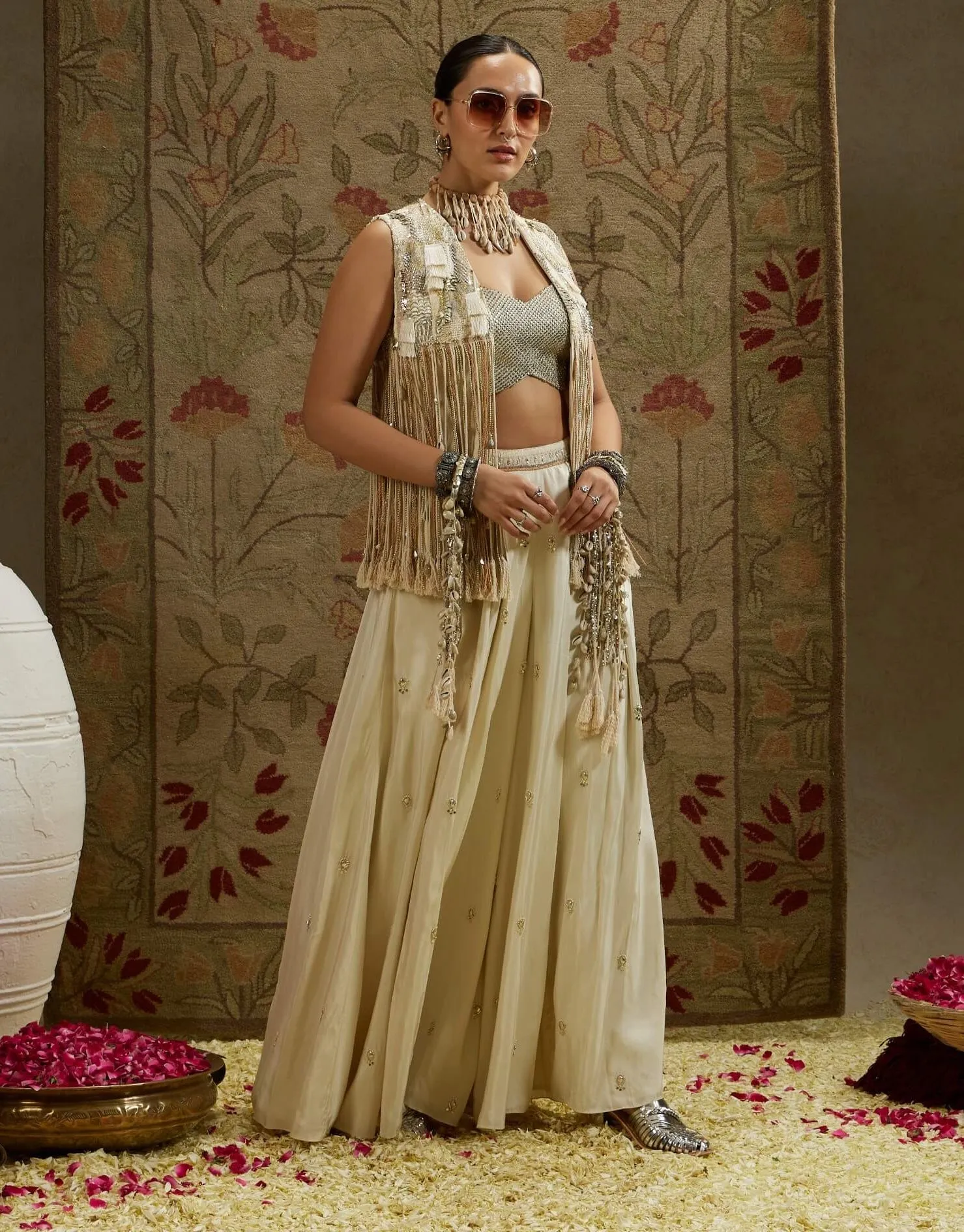 Ivory magnolia cream fringe jacket and flared pant set