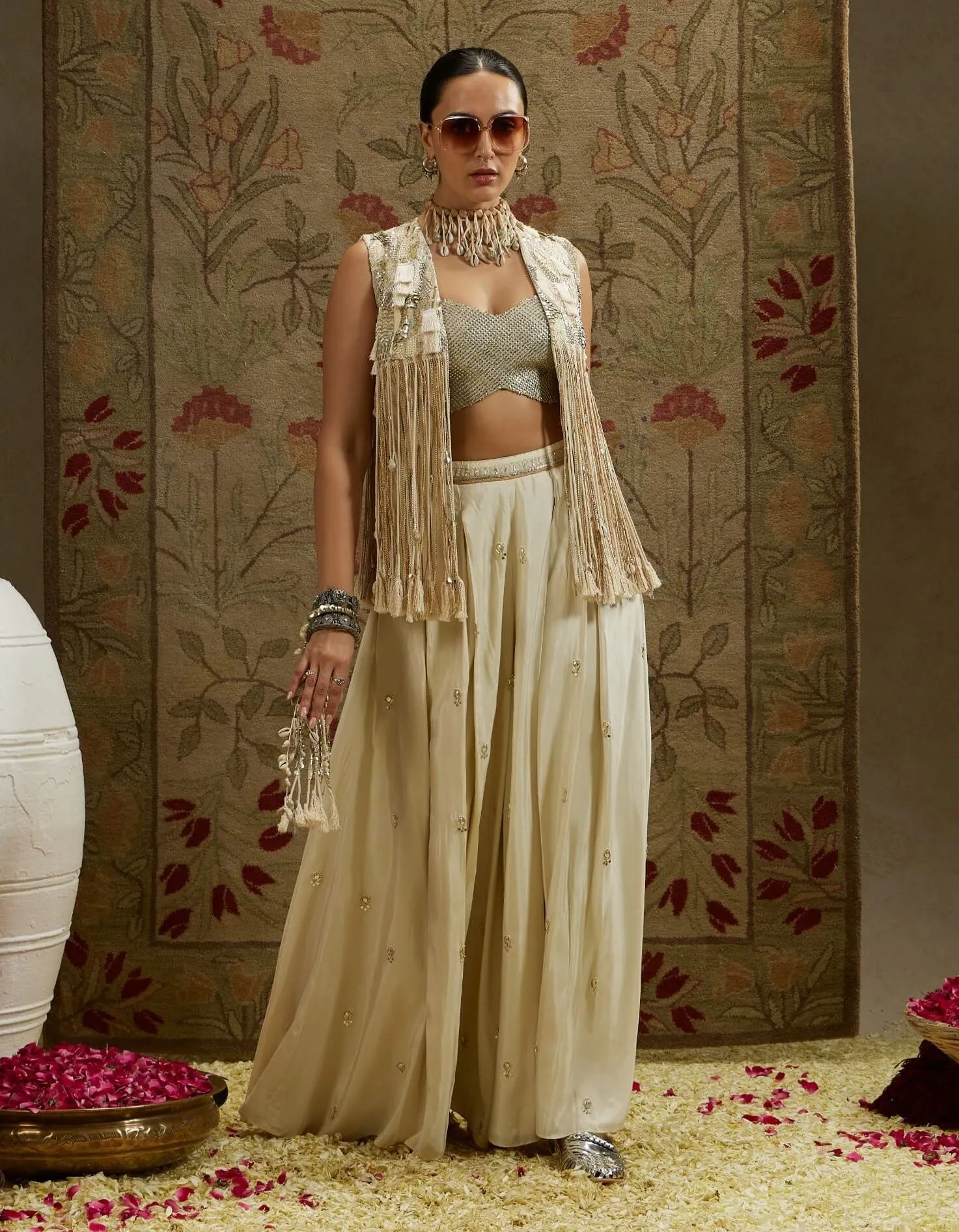 Ivory magnolia cream fringe jacket and flared pant set