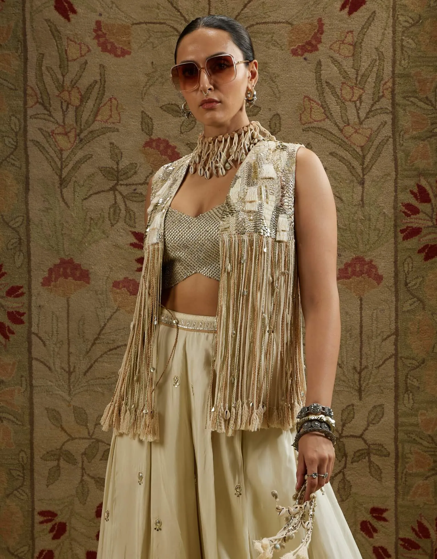 Ivory magnolia cream fringe jacket and flared pant set