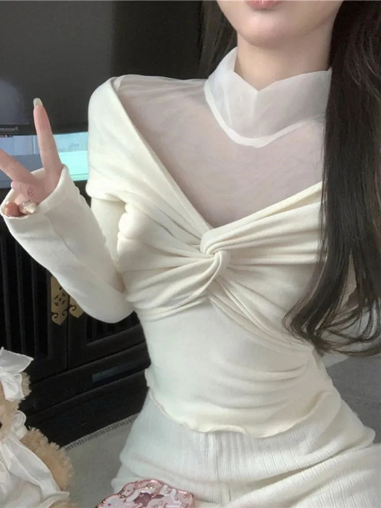 JazzHer 2025 Autumn French Elegant Knitted Crop Tops Mesh Patchwork Stand Collar Thin Stretch Pullover Casual Ruched Ladies Basic Shirt