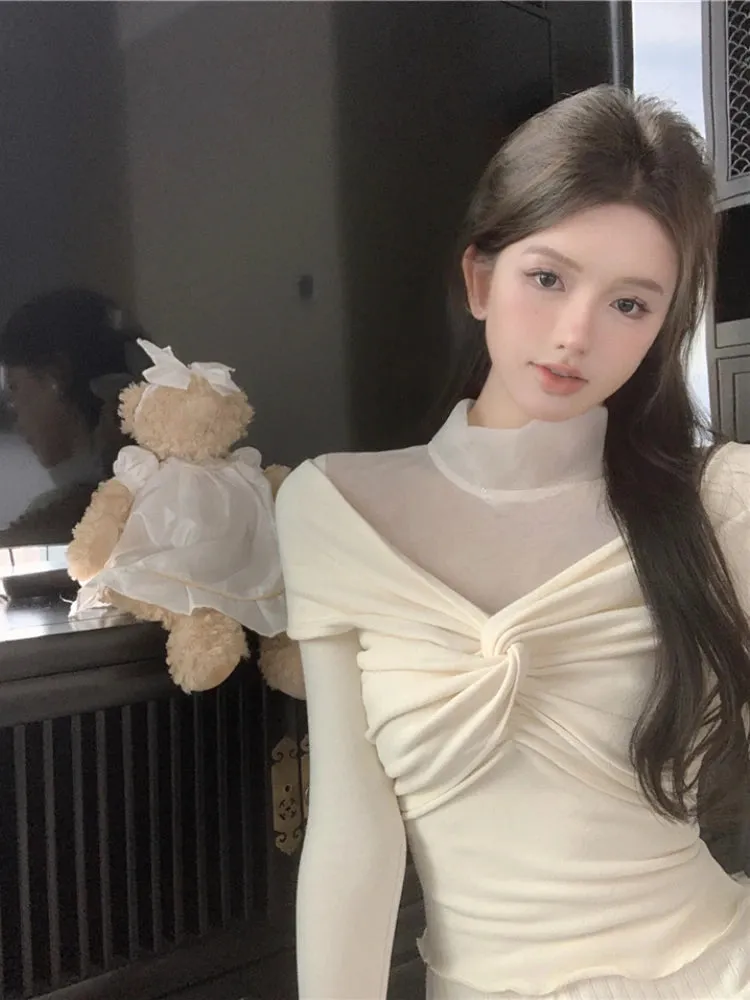 JazzHer 2025 Autumn French Elegant Knitted Crop Tops Mesh Patchwork Stand Collar Thin Stretch Pullover Casual Ruched Ladies Basic Shirt