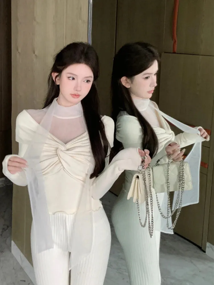 JazzHer 2025 Autumn French Elegant Knitted Crop Tops Mesh Patchwork Stand Collar Thin Stretch Pullover Casual Ruched Ladies Basic Shirt