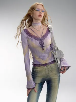 JazzHer American Y2k Spicy Girl Purple Staggered Plaid Lace Patchwork Corset Top Spring Autumn Design Slim Fit Bottom Blouses Chic