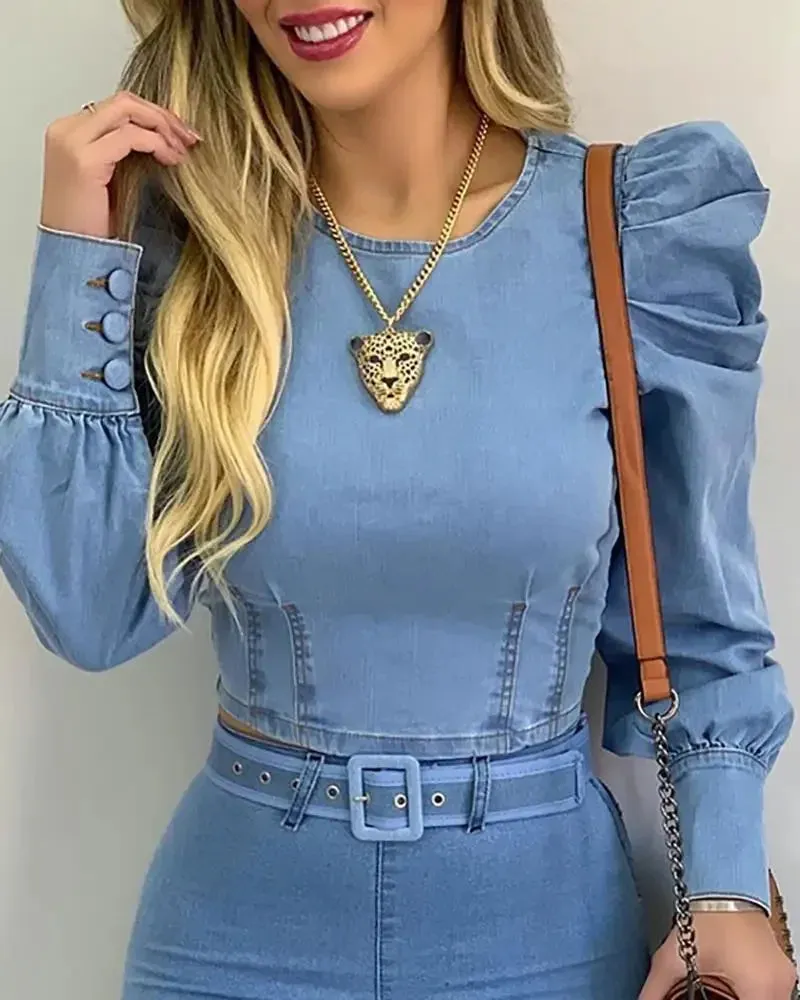 JazzHer Denim Blue Women blouse Round Neck Puff Sleeve Corset Top Long Sleeve Shirt Sexy Tops Blouses Denim Top Shirt Sweetheart Slim