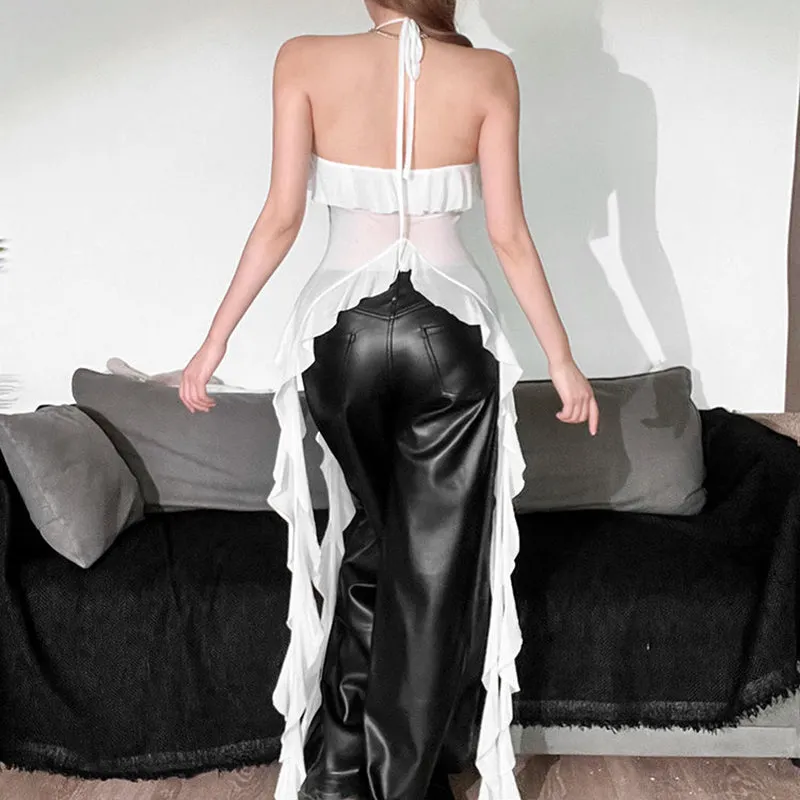 JazzHer Irregular Ruffles Flower Tanks Women Y2K Sexy Patchwork V Neck Backless Camisole Summer Streetwear Mesh Tassel Tops