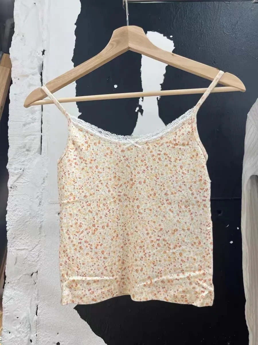 JazzHer Retro Patchwork Ribbed Cotton Tops Women Summer Sweet Ruffle Square Collar Sleeveless Bow Camis Vintage Chic Slim Crop Top 2025