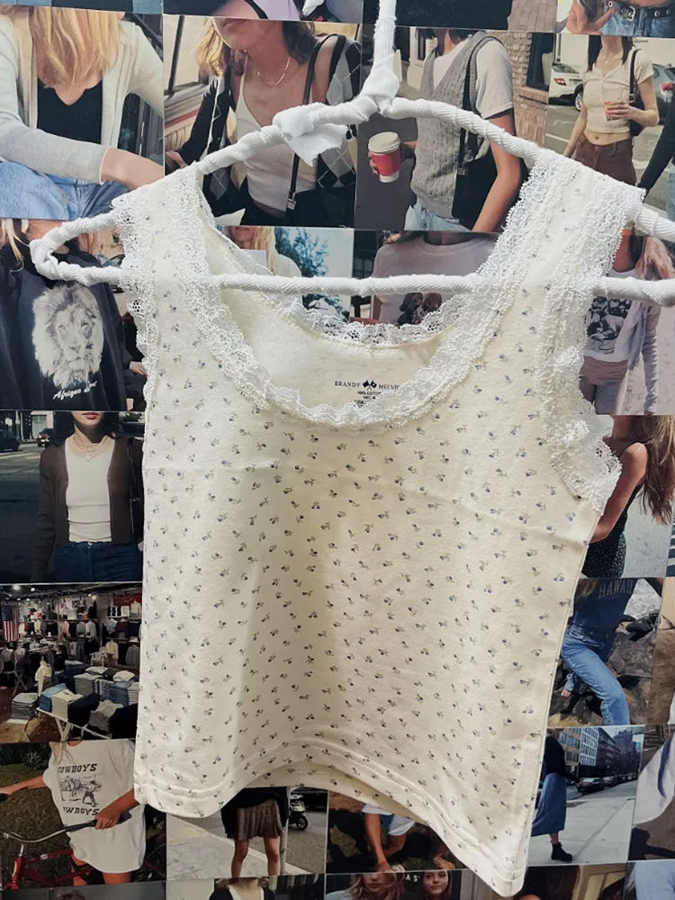 JazzHer Retro Patchwork Ribbed Cotton Tops Women Summer Sweet Ruffle Square Collar Sleeveless Bow Camis Vintage Chic Slim Crop Top 2025