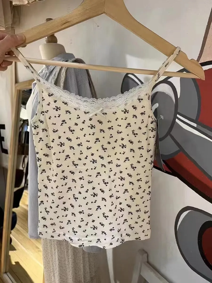 JazzHer Retro Patchwork Ribbed Cotton Tops Women Summer Sweet Ruffle Square Collar Sleeveless Bow Camis Vintage Chic Slim Crop Top 2025