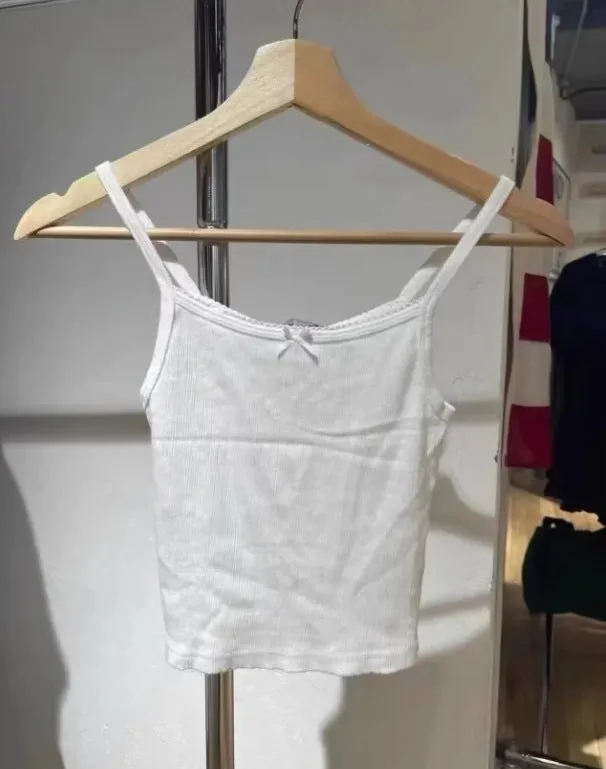 JazzHer Retro Patchwork Ribbed Cotton Tops Women Summer Sweet Ruffle Square Collar Sleeveless Bow Camis Vintage Chic Slim Crop Top 2025