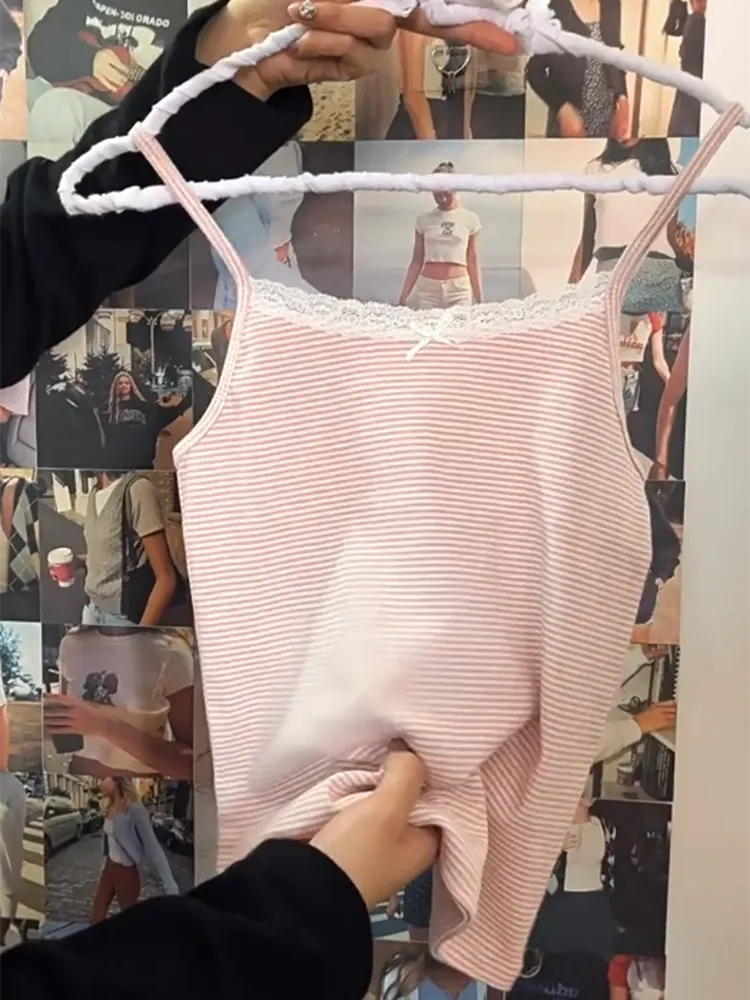 JazzHer Retro Patchwork Ribbed Cotton Tops Women Summer Sweet Ruffle Square Collar Sleeveless Bow Camis Vintage Chic Slim Crop Top 2025