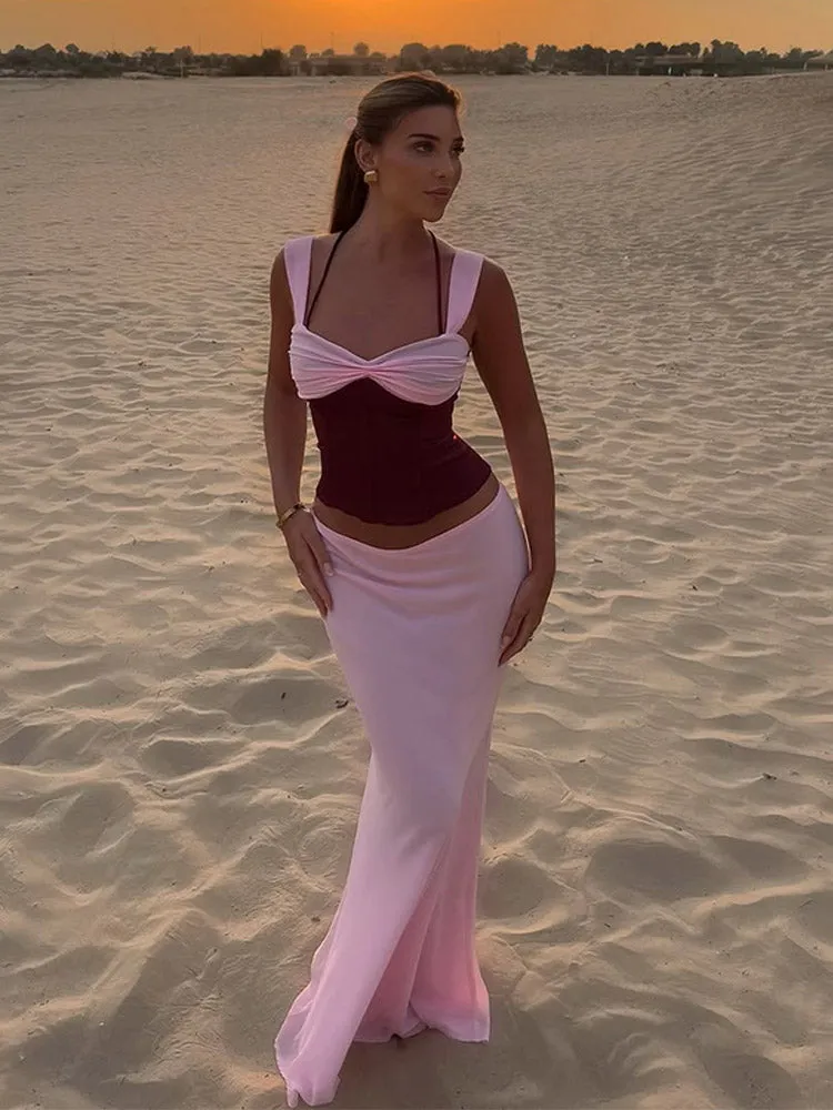 JazzHer Sexy Pink Pleated V Neck Patchwork Short Yops Suit Chic Sleeveless Slim Fit Fishtail Skirt Set New Female Beach Vacation Outfits