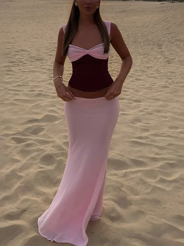 JazzHer Sexy Pink Pleated V Neck Patchwork Short Yops Suit Chic Sleeveless Slim Fit Fishtail Skirt Set New Female Beach Vacation Outfits