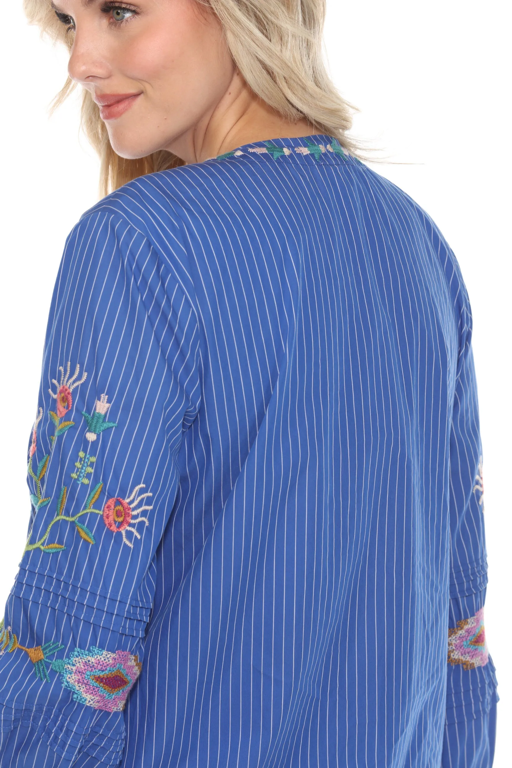 Johnny Was Workshop Blue Stripe Gabriella Pintuck Blouse W16723-E