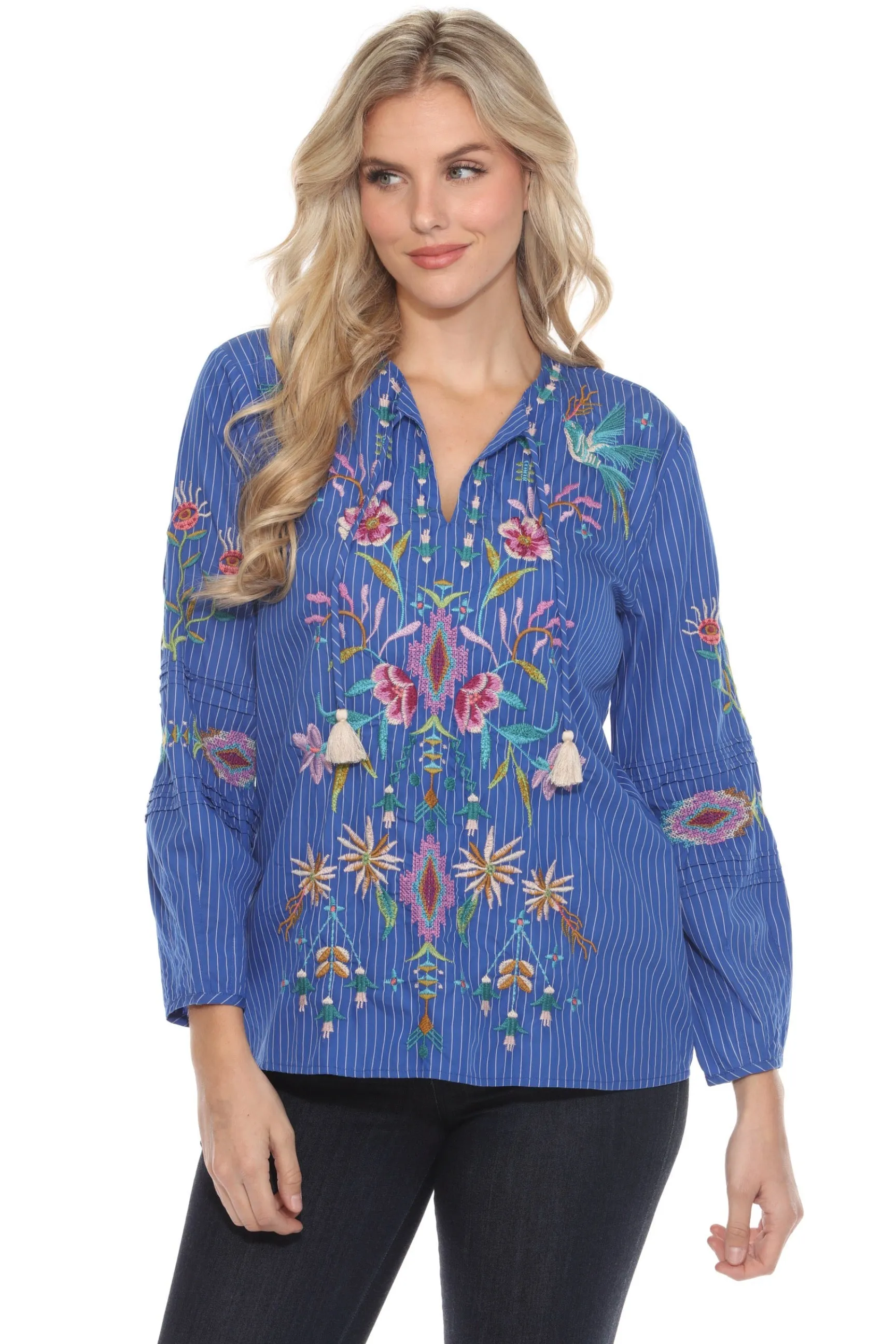 Johnny Was Workshop Blue Stripe Gabriella Pintuck Blouse W16723-E