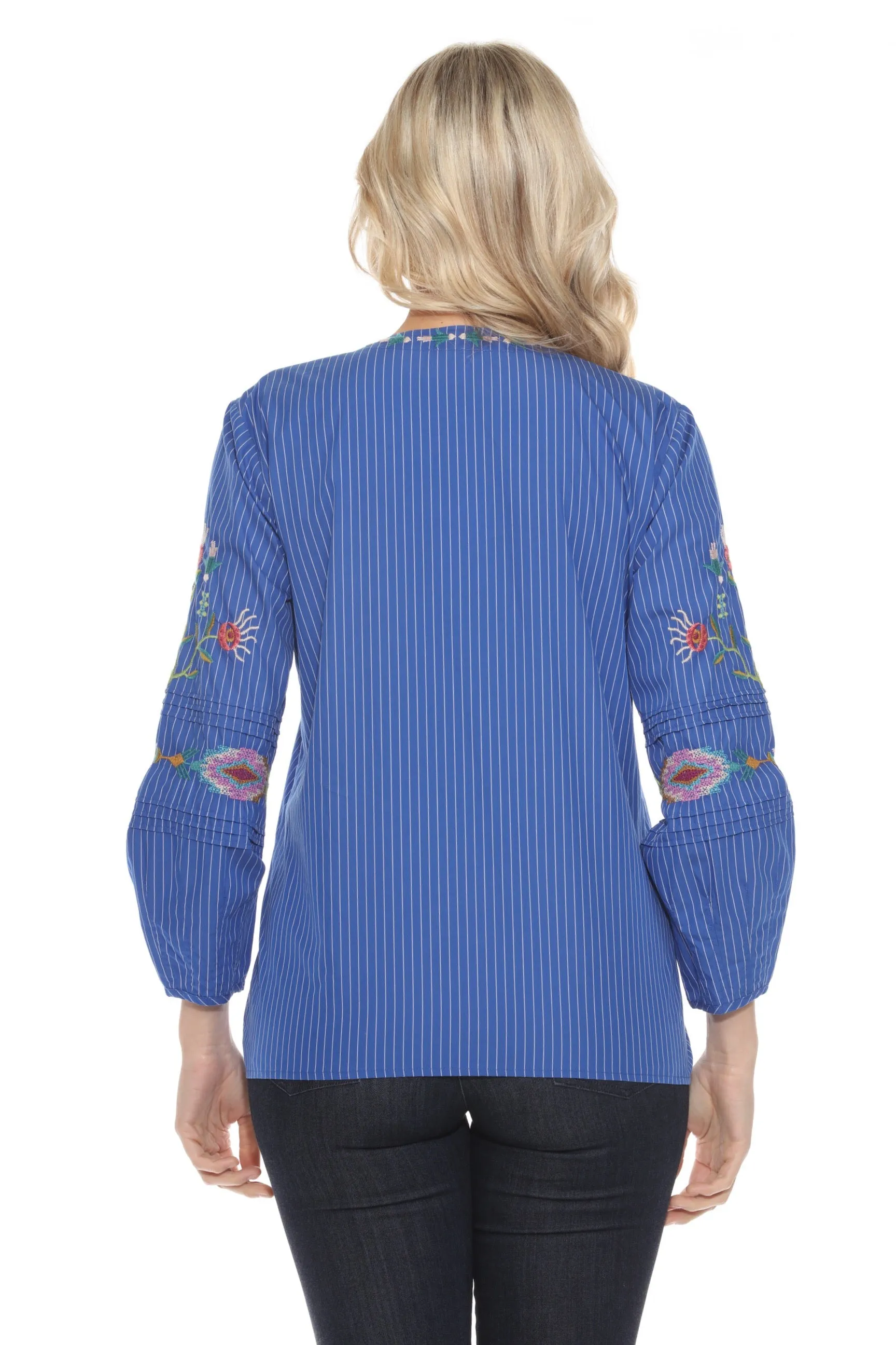 Johnny Was Workshop Blue Stripe Gabriella Pintuck Blouse W16723-E
