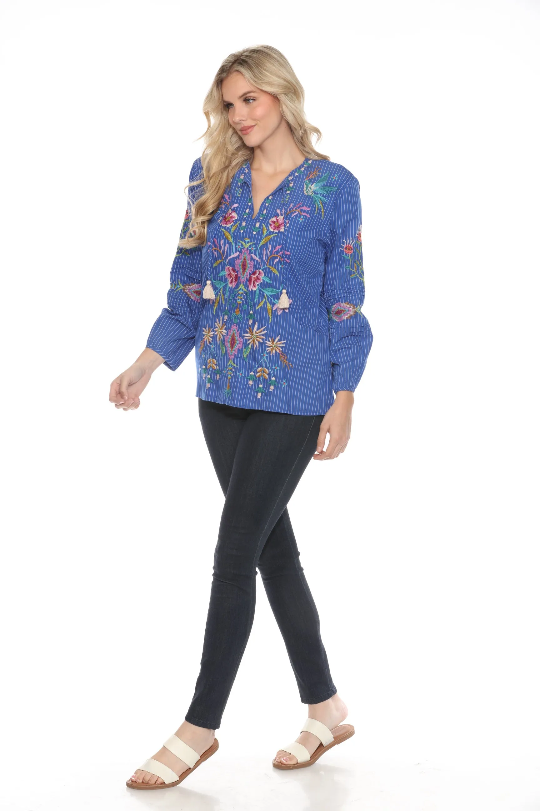 Johnny Was Workshop Blue Stripe Gabriella Pintuck Blouse W16723-E