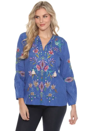 Johnny Was Workshop Blue Stripe Gabriella Pintuck Blouse W16723-E
