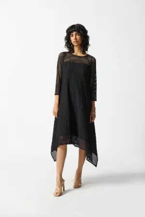 Joseph Ribkoff Black Textured Cutout Panel Midi Handkerchief Dress 242117