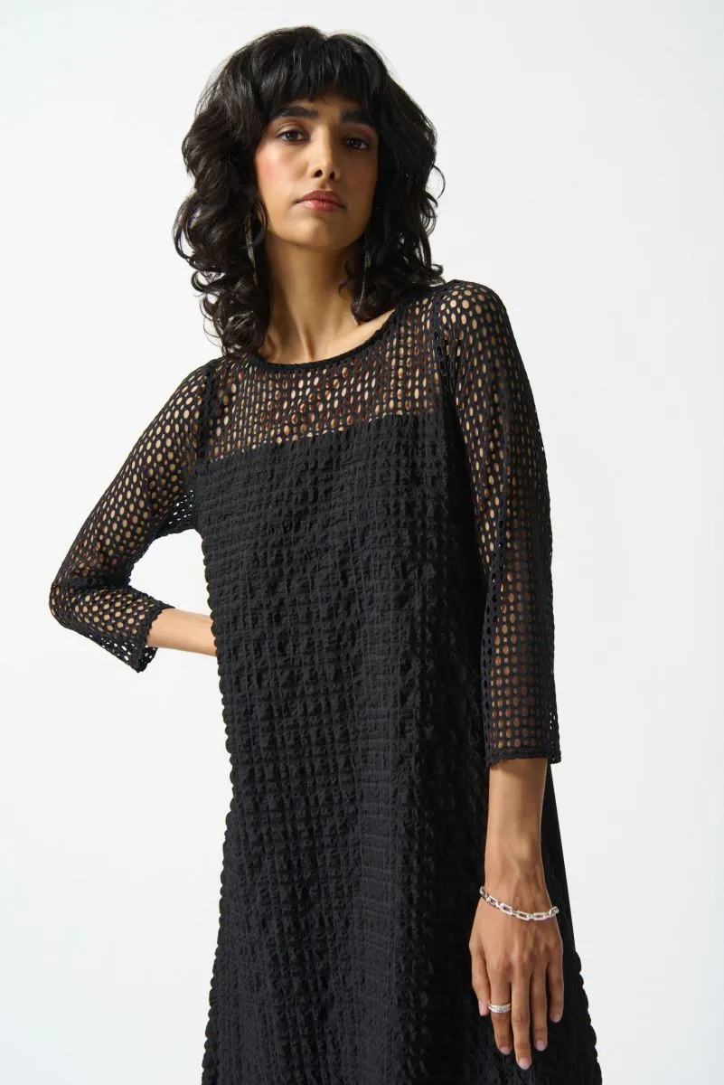 Joseph Ribkoff Black Textured Cutout Panel Midi Handkerchief Dress 242117