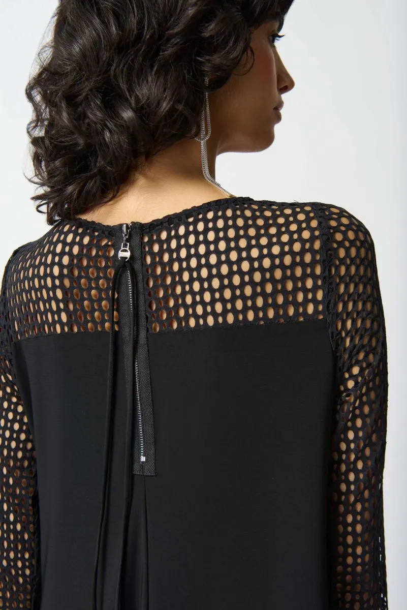 Joseph Ribkoff Black Textured Cutout Panel Midi Handkerchief Dress 242117