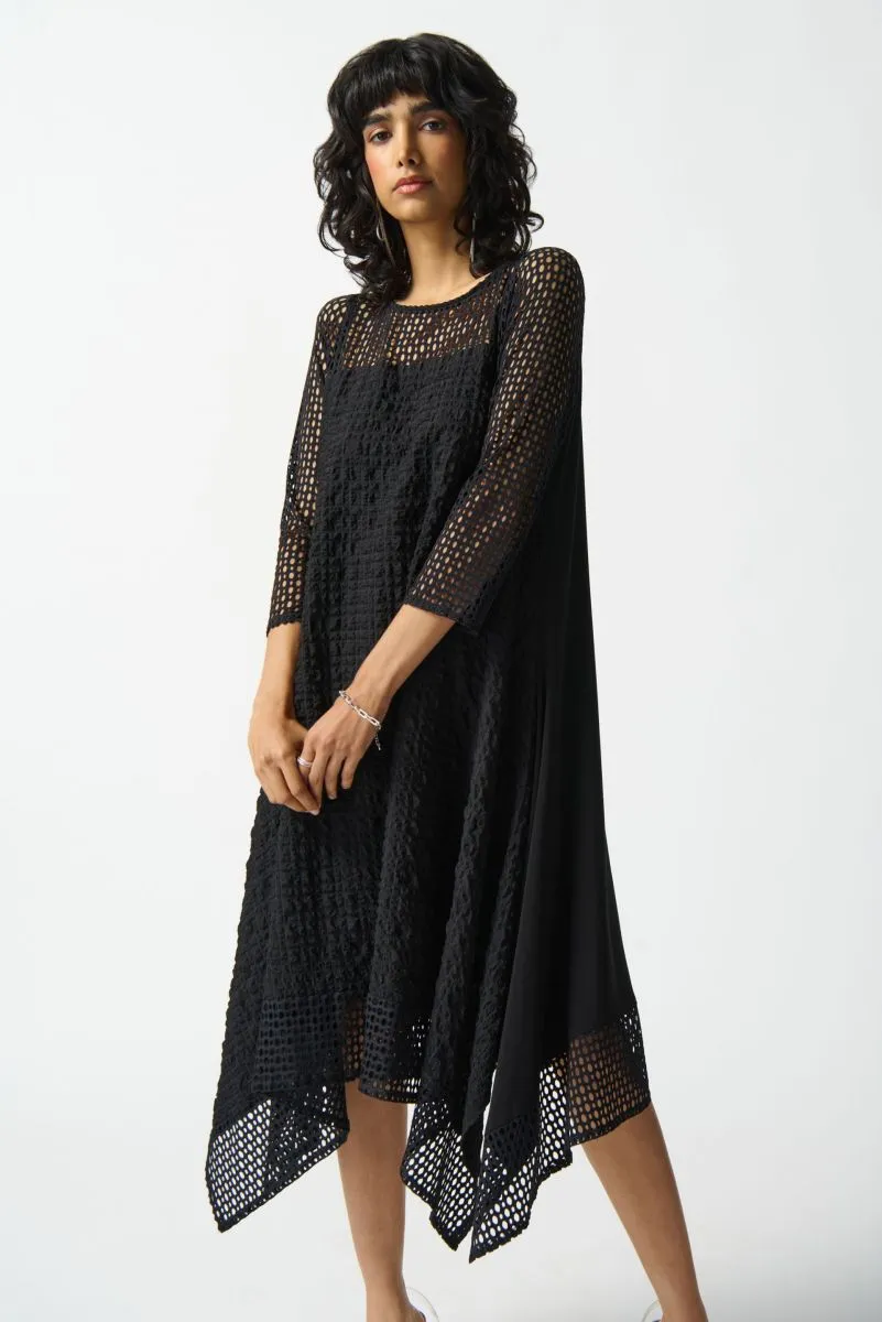 Joseph Ribkoff Black Textured Cutout Panel Midi Handkerchief Dress 242117