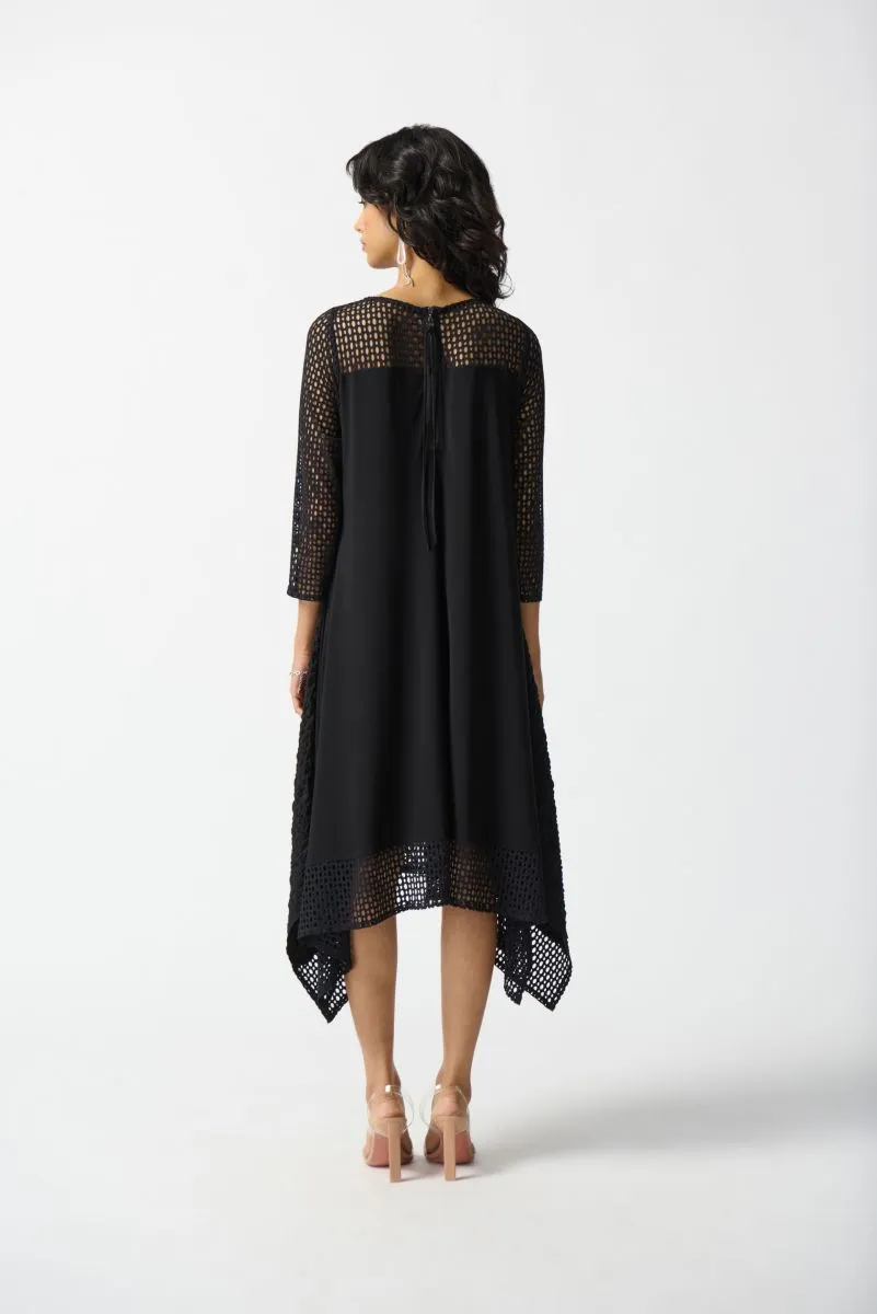 Joseph Ribkoff Black Textured Cutout Panel Midi Handkerchief Dress 242117