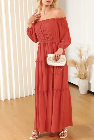 KaleaBoutique Off Shoulder Balloon Sleeve Cutout Ruffled Maxi Dress