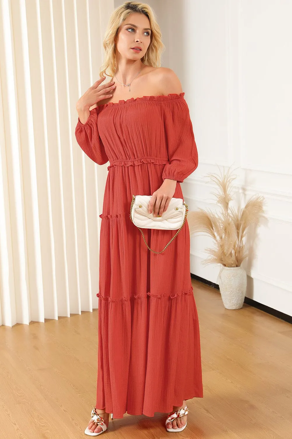 KaleaBoutique Off Shoulder Balloon Sleeve Cutout Ruffled Maxi Dress
