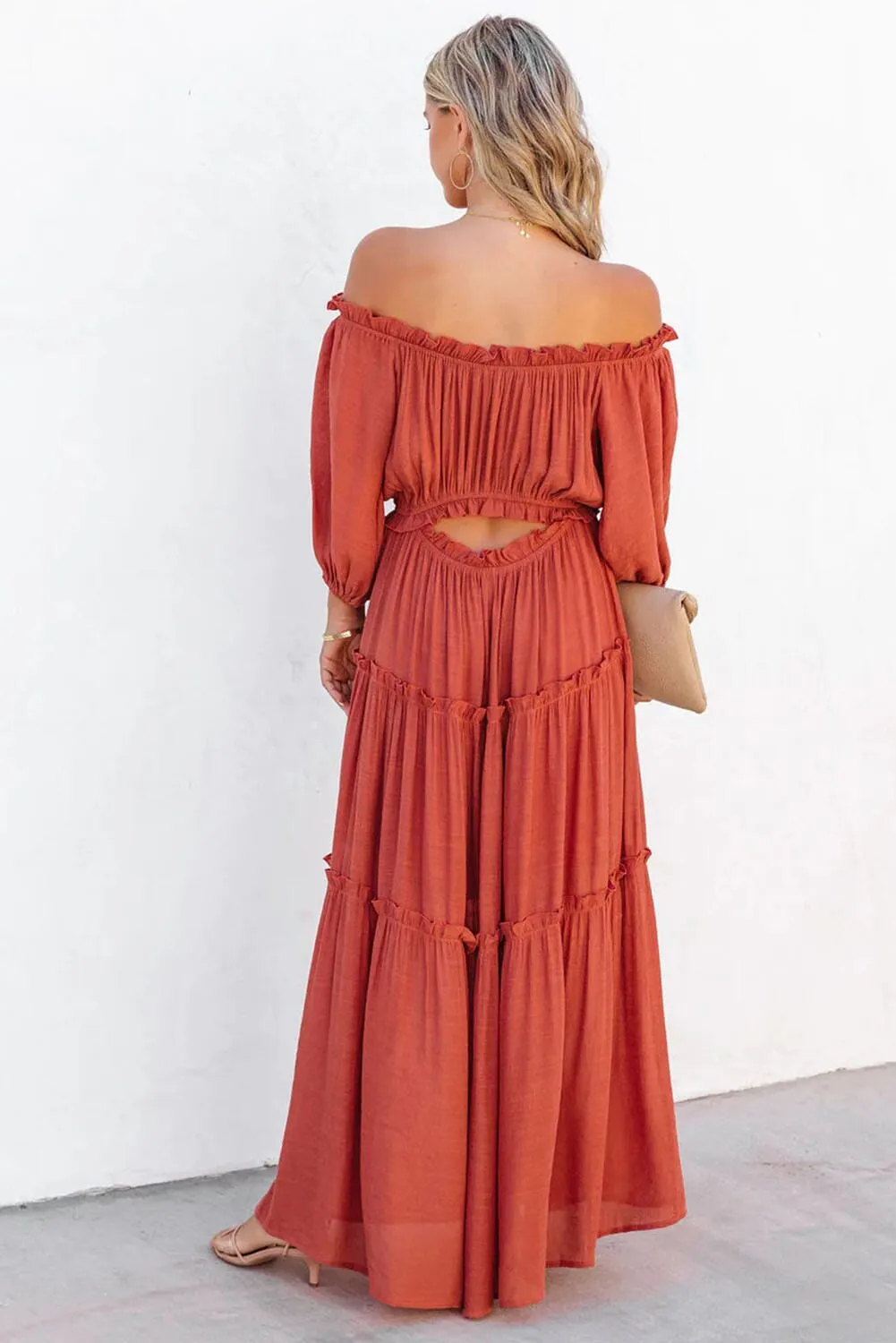 KaleaBoutique Off Shoulder Balloon Sleeve Cutout Ruffled Maxi Dress
