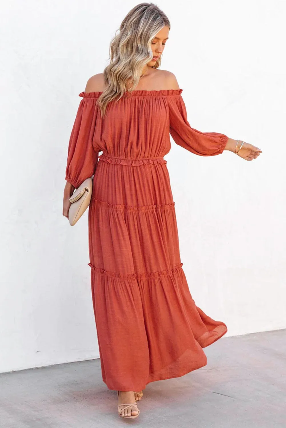 KaleaBoutique Off Shoulder Balloon Sleeve Cutout Ruffled Maxi Dress