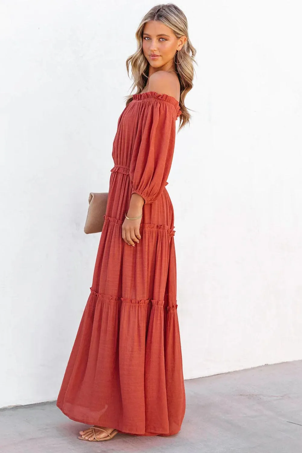 KaleaBoutique Off Shoulder Balloon Sleeve Cutout Ruffled Maxi Dress