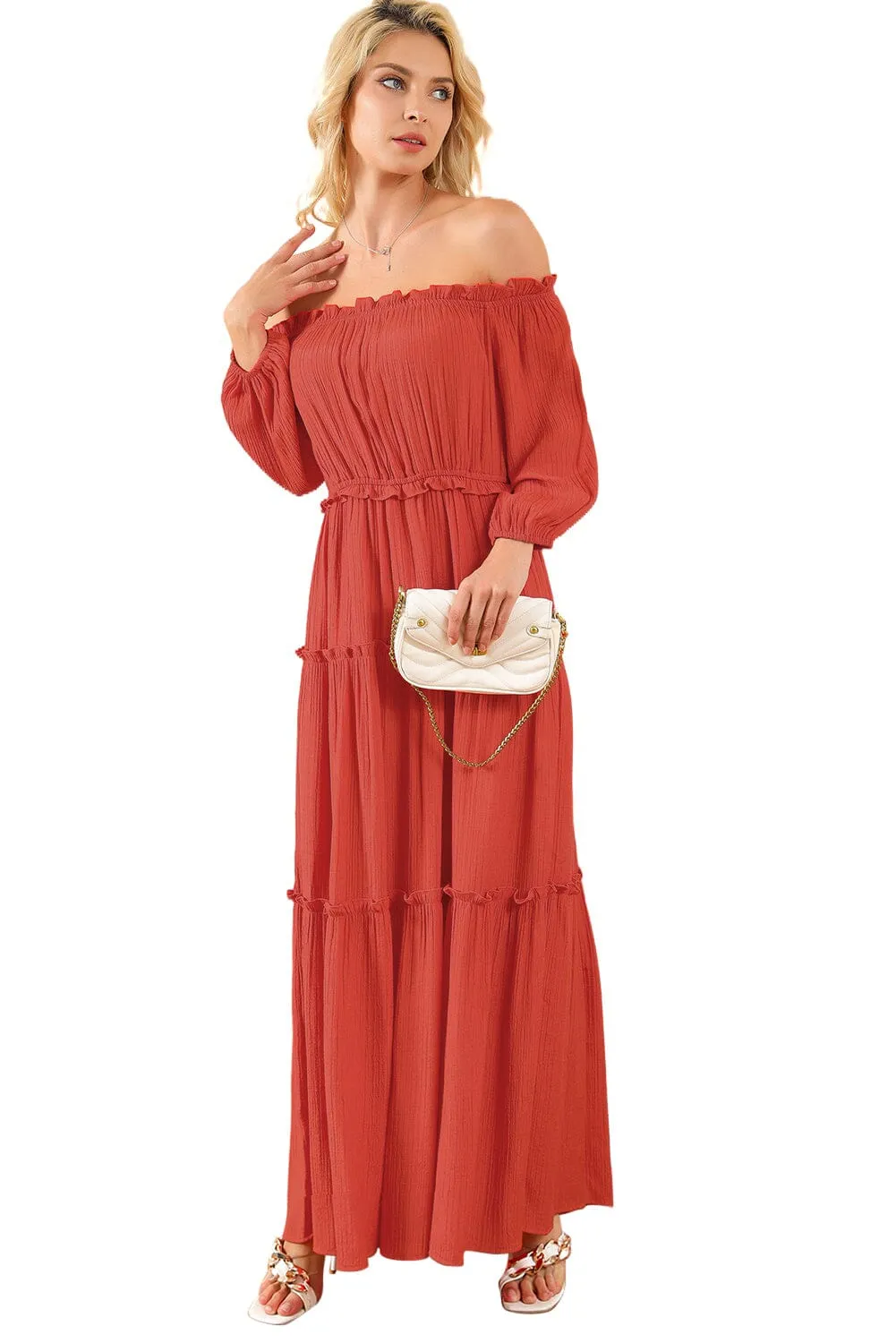 KaleaBoutique Off Shoulder Balloon Sleeve Cutout Ruffled Maxi Dress
