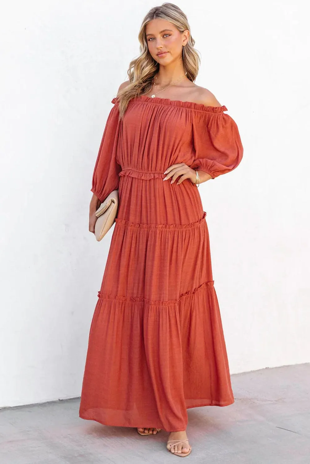 KaleaBoutique Off Shoulder Balloon Sleeve Cutout Ruffled Maxi Dress