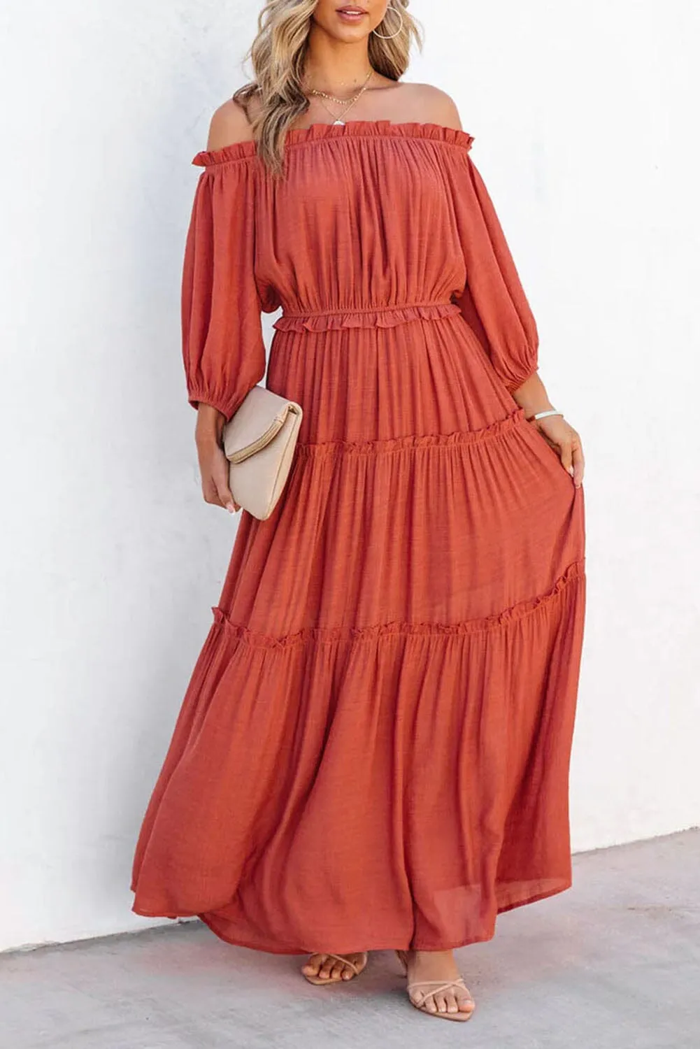 KaleaBoutique Off Shoulder Balloon Sleeve Cutout Ruffled Maxi Dress