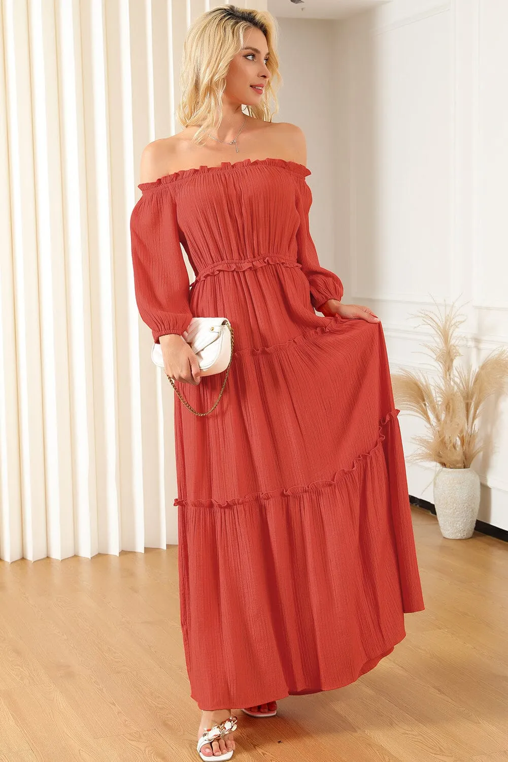 KaleaBoutique Off Shoulder Balloon Sleeve Cutout Ruffled Maxi Dress