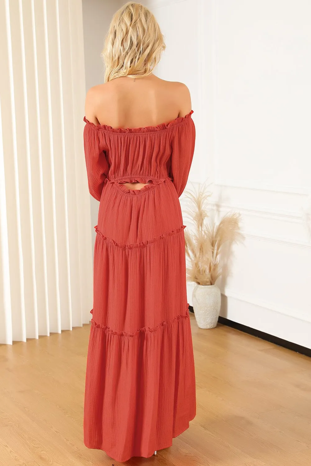 KaleaBoutique Off Shoulder Balloon Sleeve Cutout Ruffled Maxi Dress