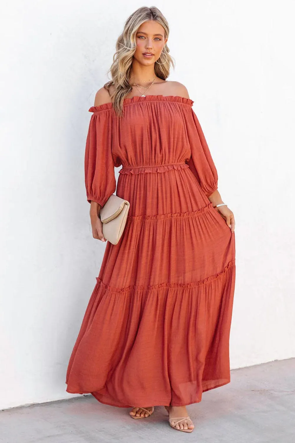 KaleaBoutique Off Shoulder Balloon Sleeve Cutout Ruffled Maxi Dress