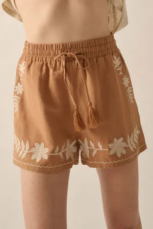 Khaki Embroidered Boho Tasseled Drawstring Elastic Waist Shorts