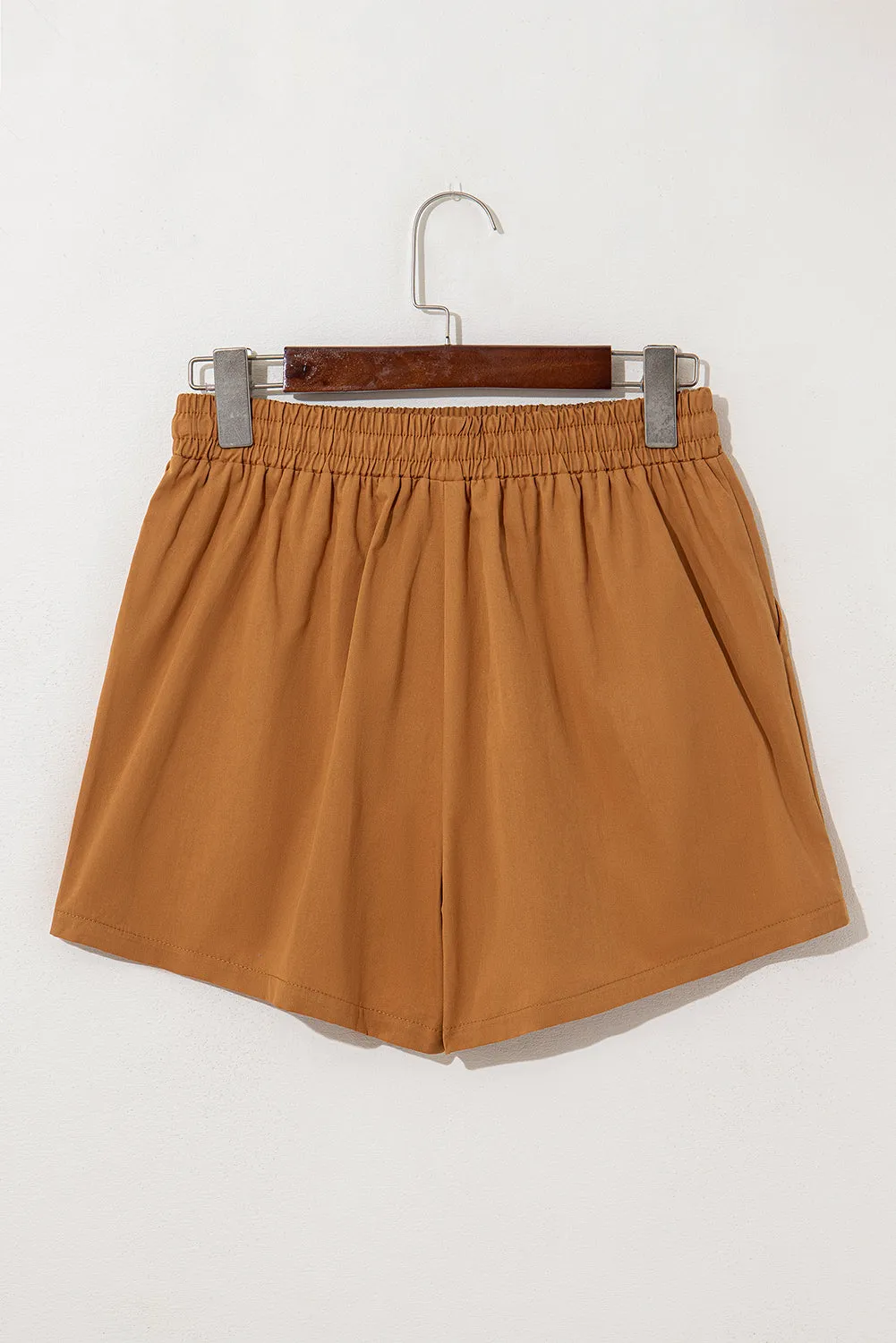 Khaki Embroidered Boho Tasseled Drawstring Elastic Waist Shorts