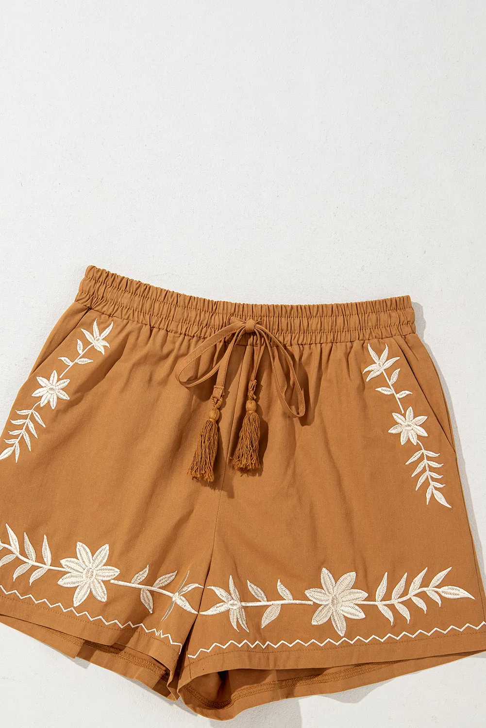 Khaki Embroidered Boho Tasseled Drawstring Elastic Waist Shorts