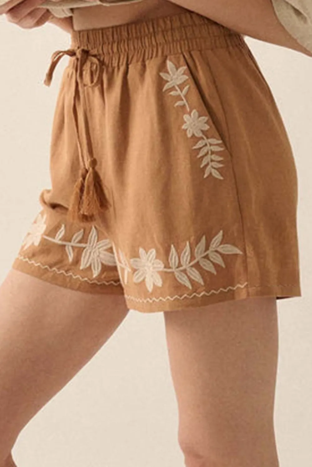 Khaki Embroidered Boho Tasseled Drawstring Elastic Waist Shorts