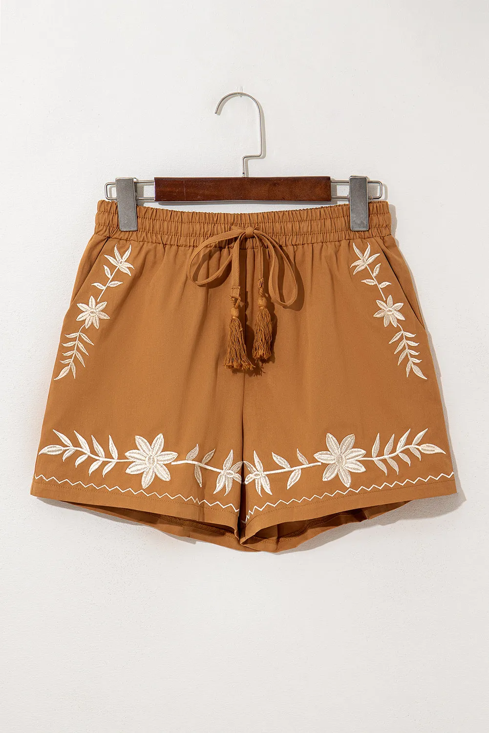 Khaki Embroidered Boho Tasseled Drawstring Elastic Waist Shorts